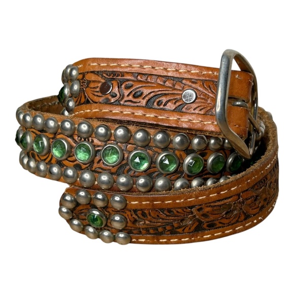 B-Low The Belt Silver Studded Green Rhinestones Leather Brown Belt M - Picture 1 of 12